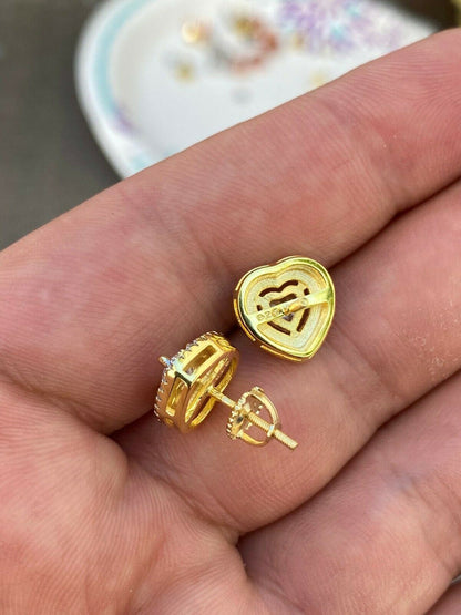 HarlemBling 14k Gold Over Real 925 Silver Heart Shape Earrings Diamond Studs Iced Ladies