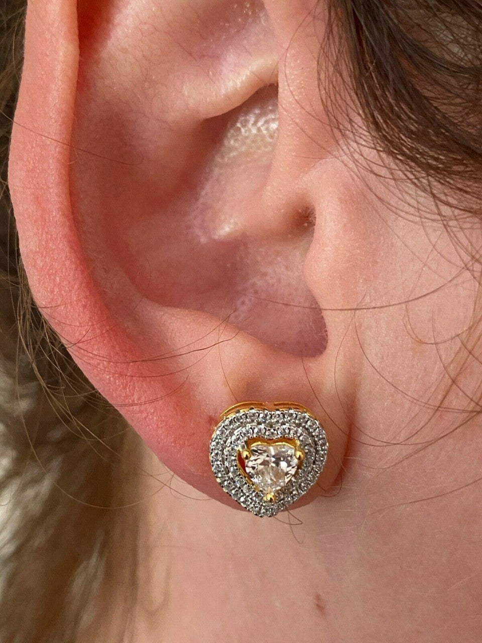 HarlemBling 14k Gold Over Real 925 Silver Heart Shape Earrings Diamond Studs Iced Ladies