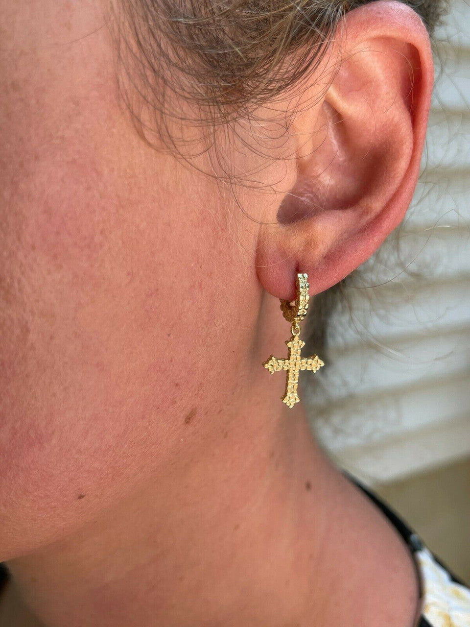 HarlemBling 14K Gold Over Real 925 Sterling Silver Mens Ladies Nugget Cross Hoop Earrings