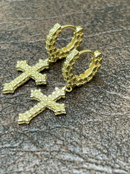 HarlemBling 14K Gold Over Real 925 Sterling Silver Mens Ladies Nugget Cross Hoop Earrings