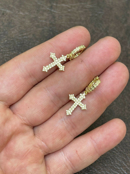 HarlemBling 14K Gold Over Real 925 Sterling Silver Mens Ladies Nugget Cross Hoop Earrings