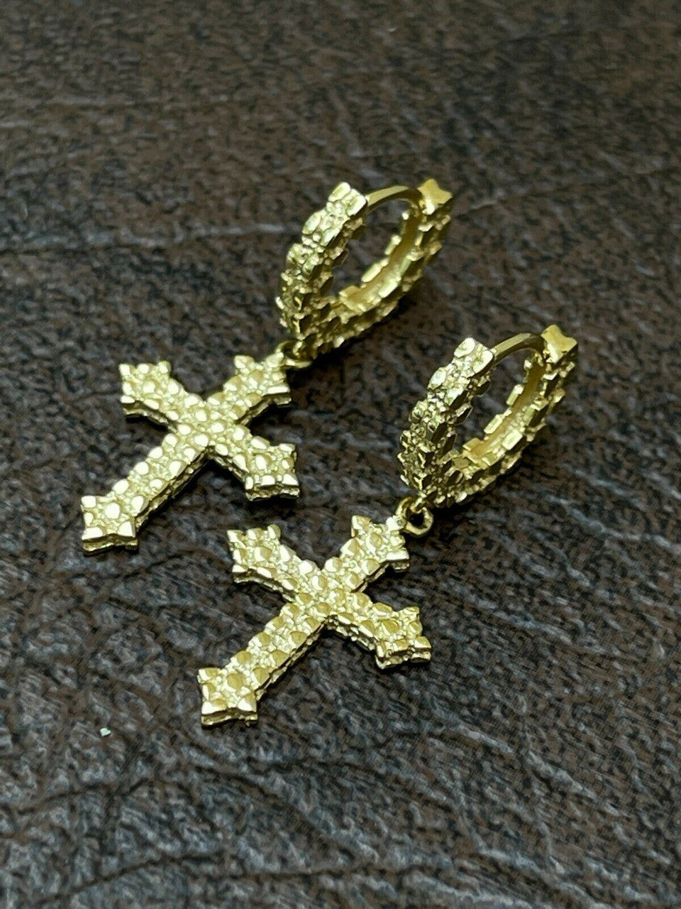 HarlemBling 14K Gold Over Real 925 Sterling Silver Mens Ladies Nugget Cross Hoop Earrings