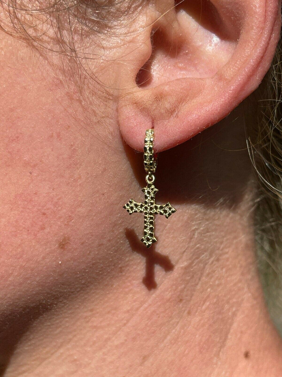 HarlemBling 14K Gold Over Real 925 Sterling Silver Mens Ladies Nugget Cross Hoop Earrings