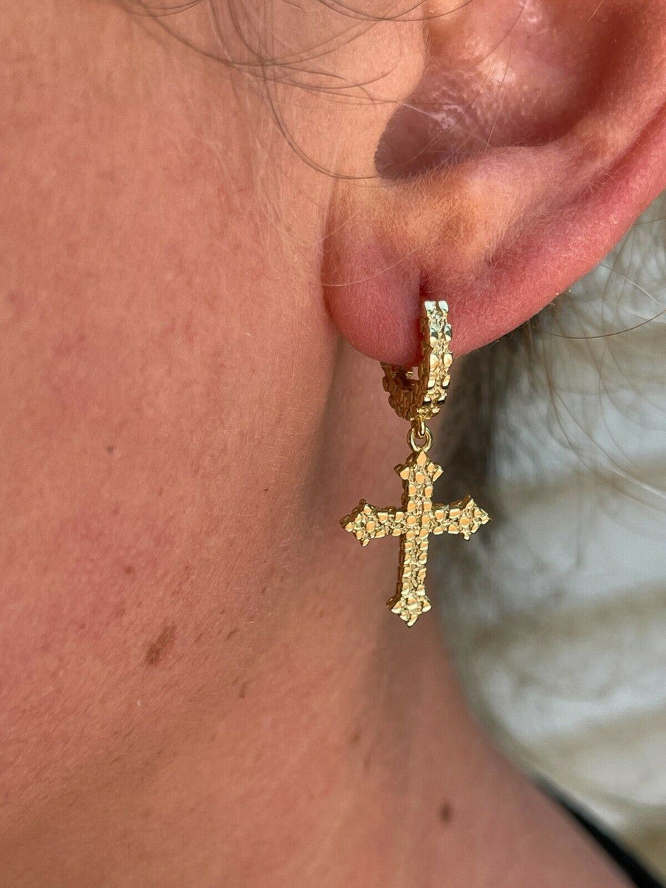 HarlemBling 14K Gold Over Real 925 Sterling Silver Mens Ladies Nugget Cross Hoop Earrings