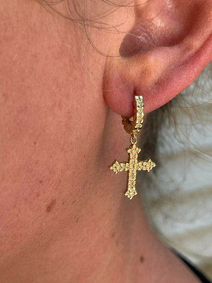 HarlemBling 14K Gold Over Real 925 Sterling Silver Mens Ladies Nugget Cross Hoop Earrings