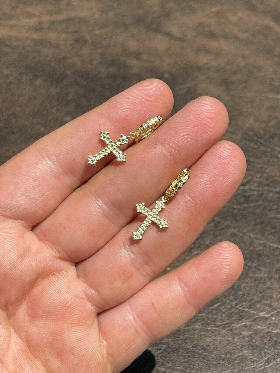 HarlemBling 14K Gold Over Real 925 Sterling Silver Mens Ladies Nugget Cross Hoop Earrings