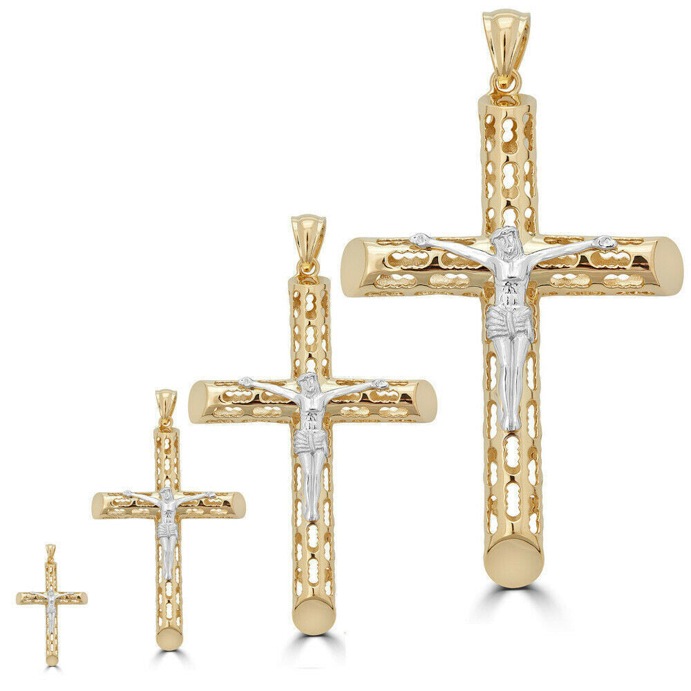 HarlemBling 14k Gold Over Real Solid 925 Silver Cross Jesus Piece 4 Sizes Mens Ladies ITALY