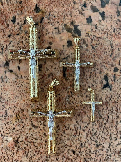 HarlemBling 14k Gold Over Real Solid 925 Silver Cross Jesus Piece 4 Sizes Mens Ladies ITALY