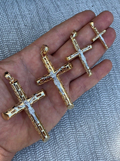 HarlemBling 14k Gold Over Real Solid 925 Silver Cross Jesus Piece 4 Sizes Mens Ladies ITALY
