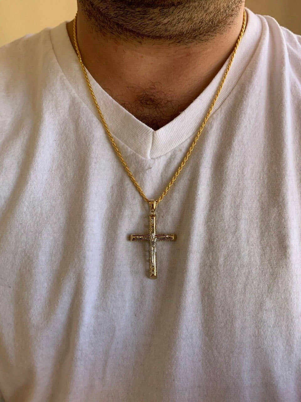 HarlemBling 14k Gold Over Real Solid 925 Silver Cross Jesus Piece 4 Sizes Mens Ladies ITALY
