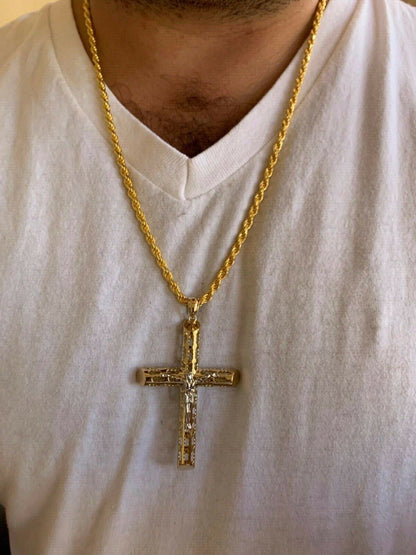 HarlemBling 14k Gold Over Real Solid 925 Silver Cross Jesus Piece 4 Sizes Mens Ladies ITALY