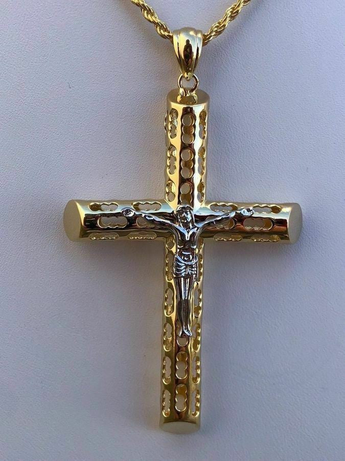 HarlemBling 14k Gold Over Real Solid 925 Silver Cross Jesus Piece 4 Sizes Mens Ladies ITALY