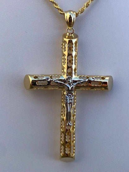 HarlemBling 14k Gold Over Real Solid 925 Silver Cross Jesus Piece 4 Sizes Mens Ladies ITALY