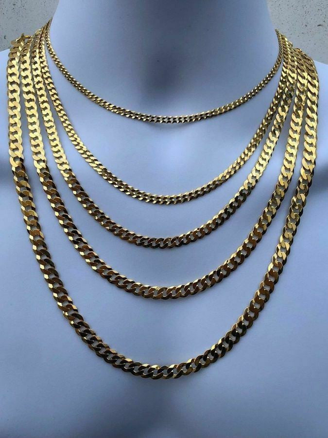 HarlemBling 14k Gold Over REAL Solid 925 Silver Cuban Link Flat Chain 4-8mm 18-30 Italy