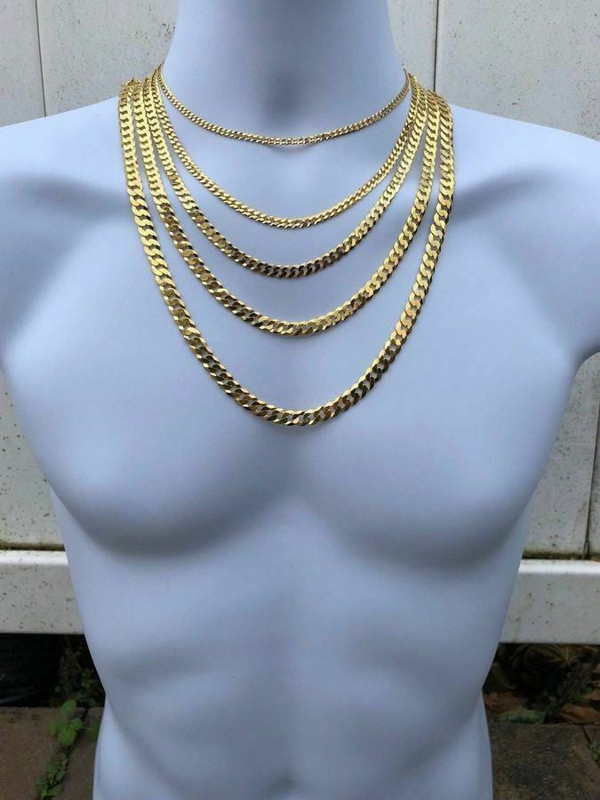 HarlemBling 14k Gold Over REAL Solid 925 Silver Cuban Link Flat Chain 4-8mm 18-30 Italy