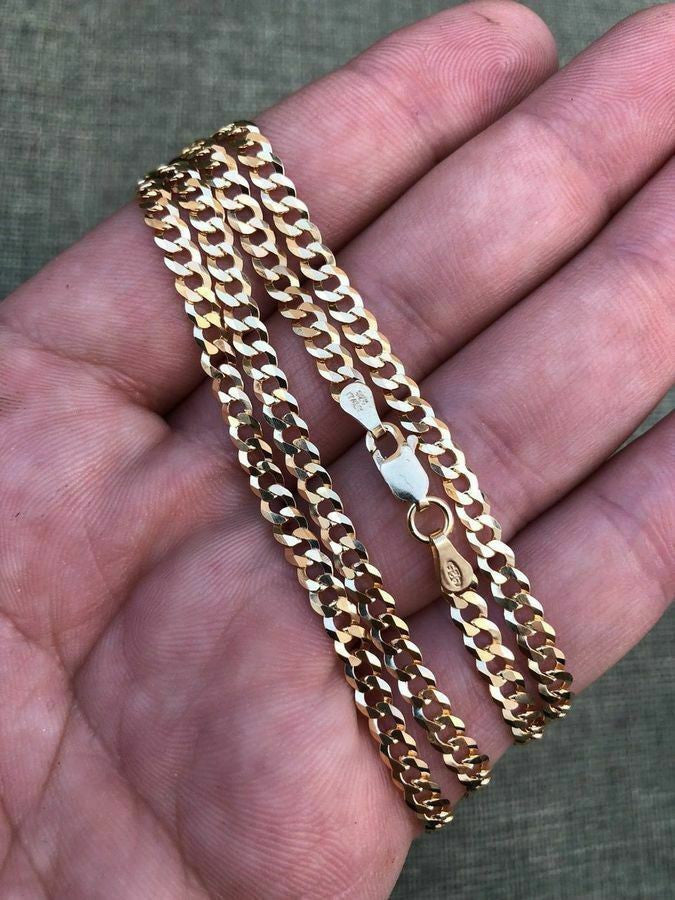 HarlemBling 14k Gold Over REAL Solid 925 Silver Cuban Link Flat Chain 4-8mm 18-30 Italy