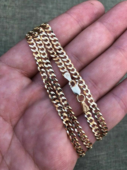 HarlemBling 14k Gold Over REAL Solid 925 Silver Cuban Link Flat Chain 4-8mm 18-30 Italy