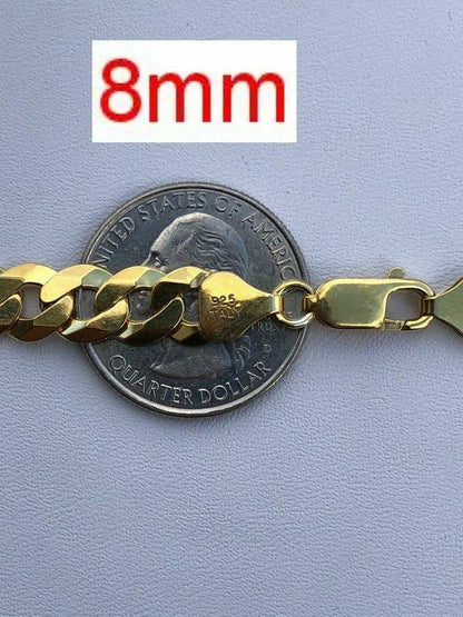 HarlemBling 14k Gold Over REAL Solid 925 Silver Cuban Link Flat Chain 4-8mm 18-30 Italy