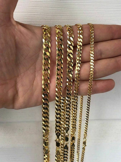 HarlemBling 14k Gold Over REAL Solid 925 Silver Cuban Link Flat Chain 4-8mm 18-30 Italy