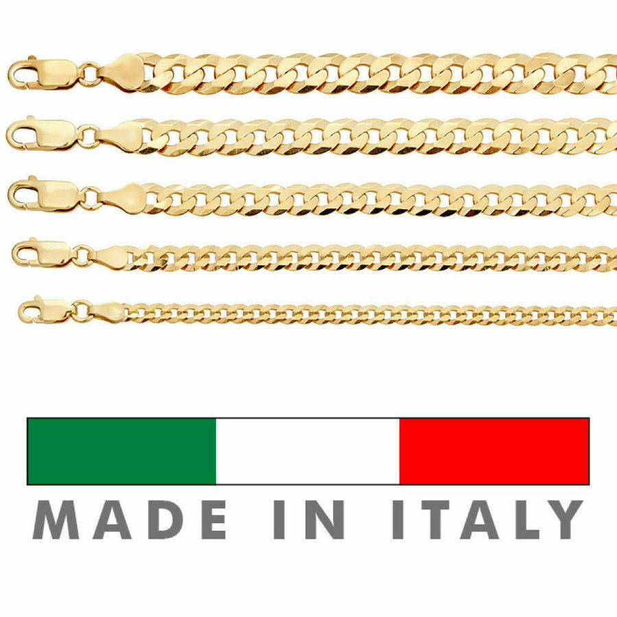 HarlemBling 14k Gold Over REAL Solid 925 Silver Cuban Link Flat Chain 4-8mm 18-30 Italy
