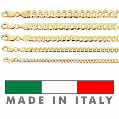 HarlemBling 14k Gold Over REAL Solid 925 Silver Cuban Link Flat Chain 4-8mm 18-30 Italy