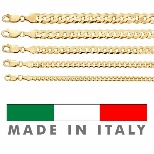 HarlemBling 14k Gold Over REAL Solid 925 Silver Cuban Link Flat Chain 4-8mm 18-30 Italy