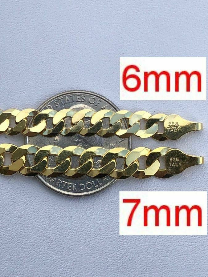 HarlemBling 14k Gold Over REAL Solid 925 Silver Cuban Link Flat Chain 4-8mm 18-30 Italy