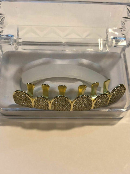 HarlemBling 14k Gold Over Real SOLID 925 Silver Diamond GRILLZ Teeth Top Bottom Hip Hop ICY