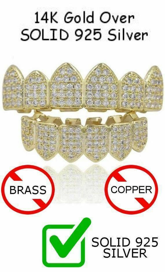 HarlemBling 14k Gold Over Real SOLID 925 Silver Diamond GRILLZ Teeth Top Bottom Hip Hop ICY