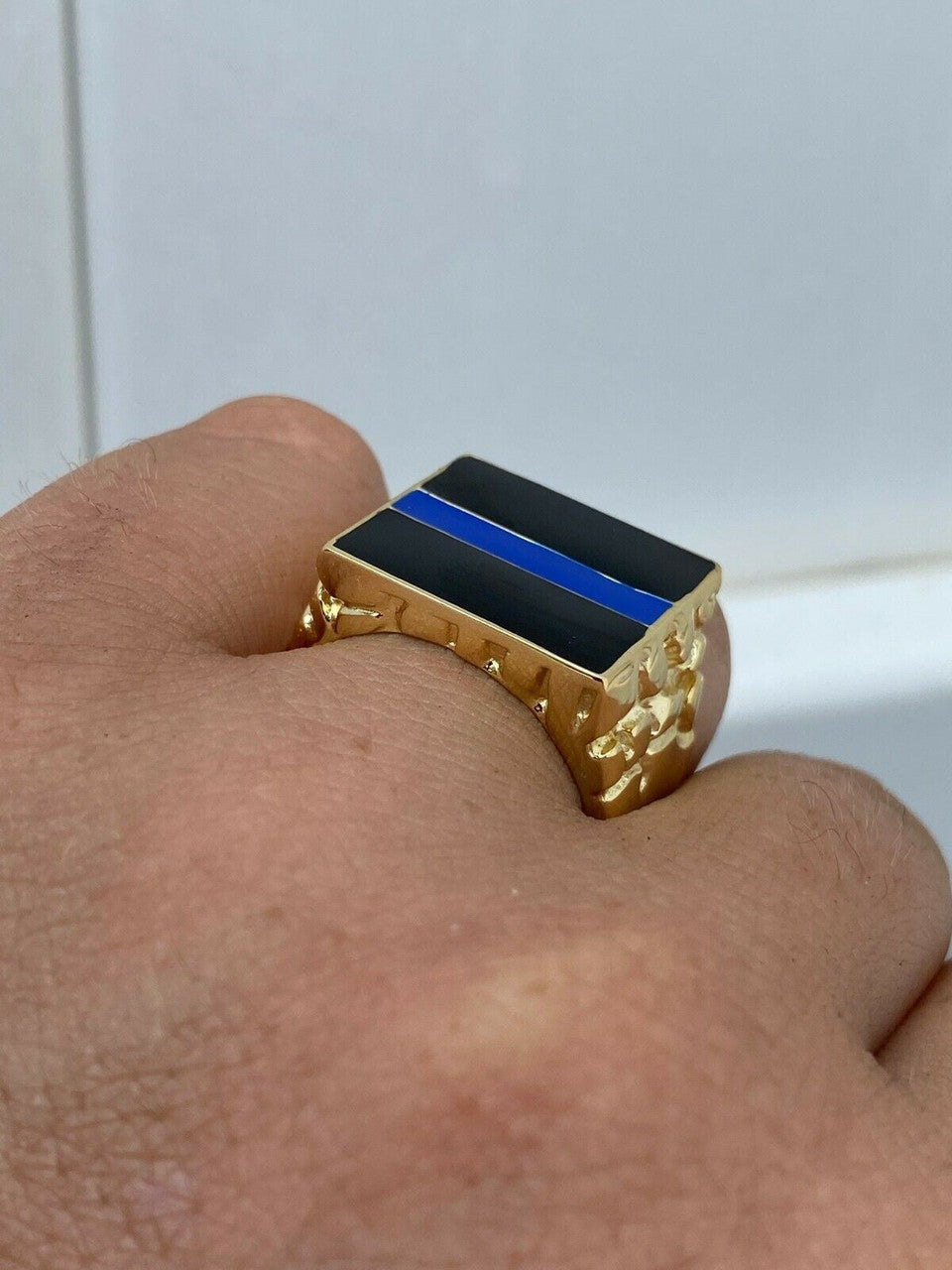 HarlemBling 14k Gold Over REAL Solid 925 Silver Ring Blue Lives Matter Thin Blue Line Police