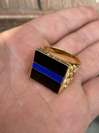 HarlemBling 14k Gold Over REAL Solid 925 Silver Ring Blue Lives Matter Thin Blue Line Police