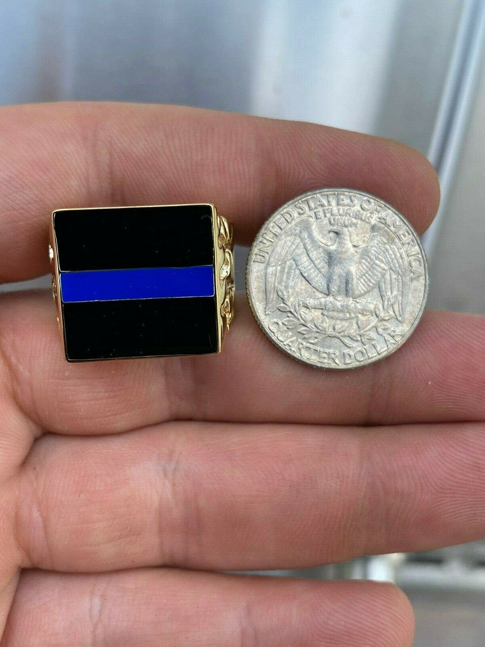 HarlemBling 14k Gold Over REAL Solid 925 Silver Ring Blue Lives Matter Thin Blue Line Police