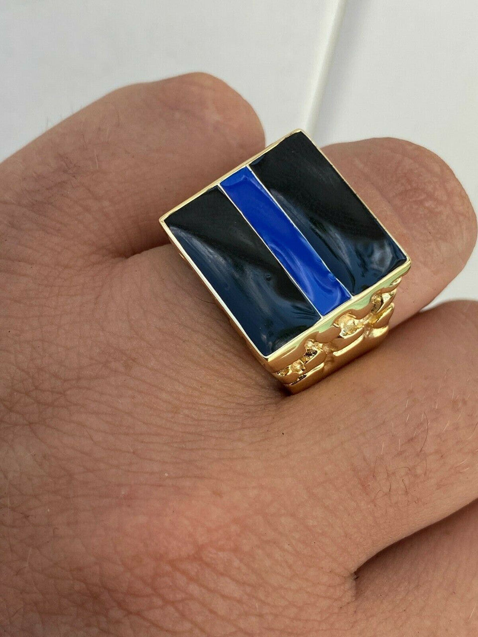 HarlemBling 14k Gold Over REAL Solid 925 Silver Ring Blue Lives Matter Thin Blue Line Police