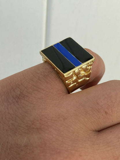 HarlemBling 14k Gold Over REAL Solid 925 Silver Ring Blue Lives Matter Thin Blue Line Police