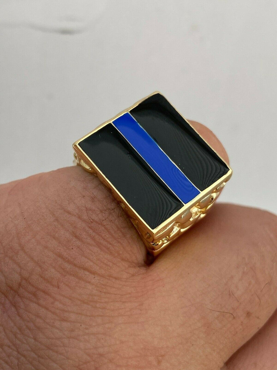 HarlemBling 14k Gold Over REAL Solid 925 Silver Ring Blue Lives Matter Thin Blue Line Police