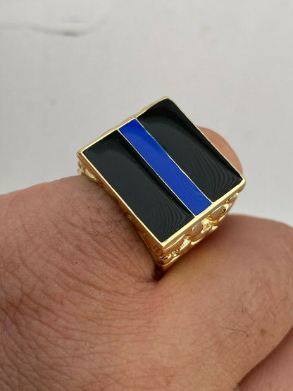 HarlemBling 14k Gold Over REAL Solid 925 Silver Ring Blue Lives Matter Thin Blue Line Police