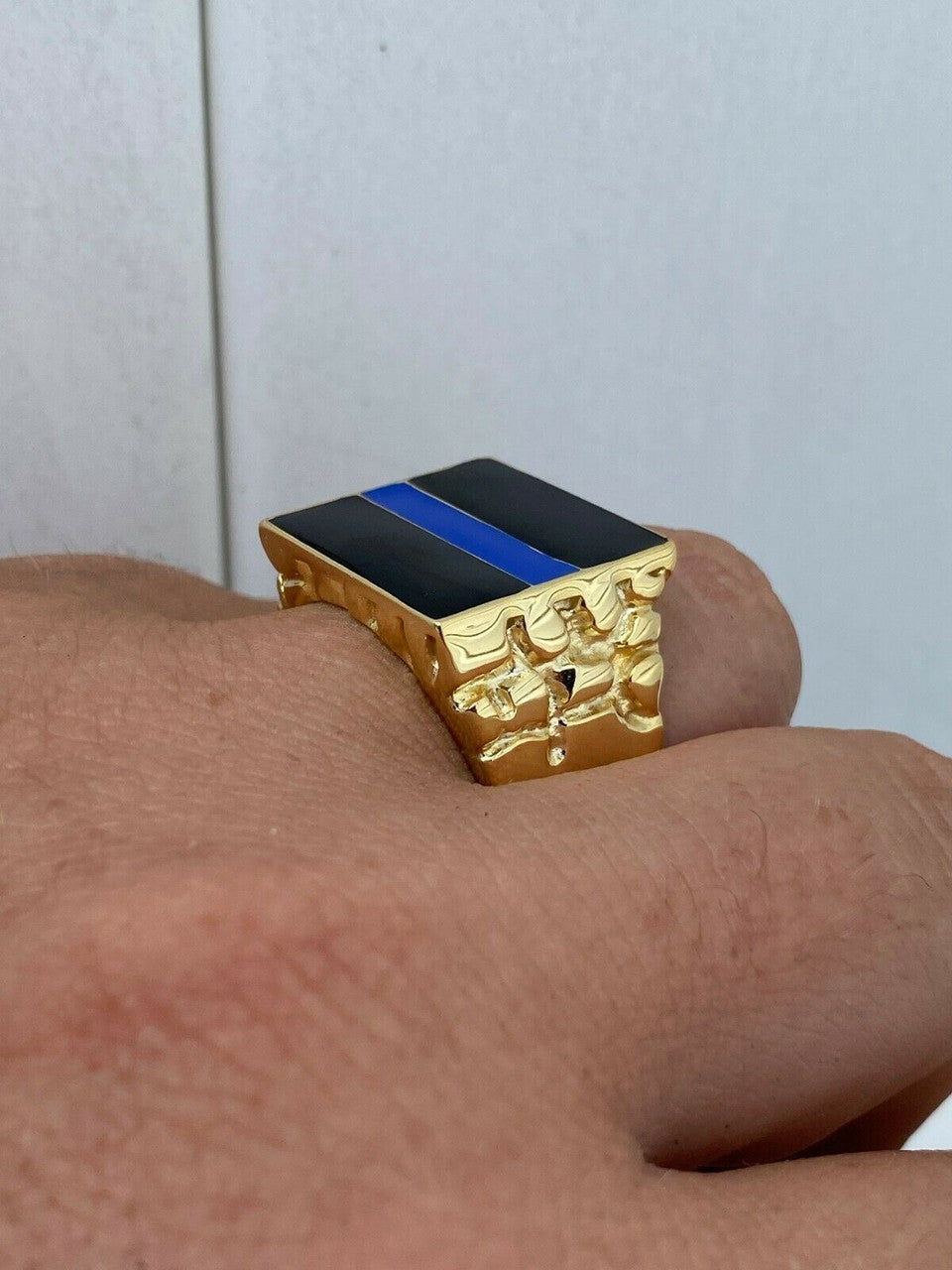 HarlemBling 14k Gold Over REAL Solid 925 Silver Ring Blue Lives Matter Thin Blue Line Police