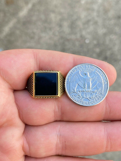 HarlemBling 14k Gold Over Real Solid 925 Sterling Silver Black Onyx Pinky Ring 7-13 Signet