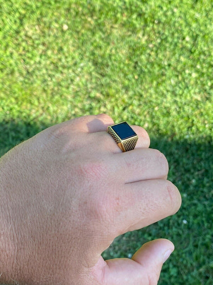 HarlemBling 14k Gold Over Real Solid 925 Sterling Silver Black Onyx Pinky Ring 7-13 Signet