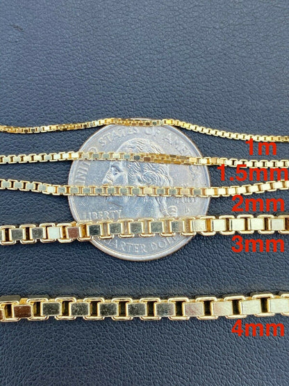 HarlemBling 14k Gold Over Real Solid 925 Sterling Silver Box Chain 1-4mm Necklace Men Ladies