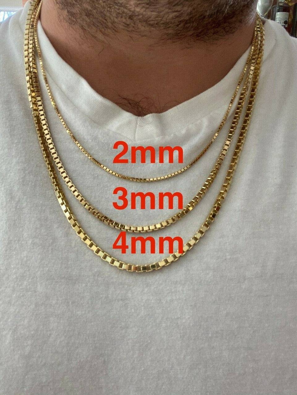 HarlemBling 14k Gold Over Real Solid 925 Sterling Silver Box Chain 1-4mm Necklace Men Ladies