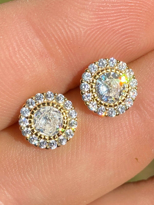 HarlemBling 14k Gold Over Real Solid 925 Sterling Silver Earrings 10mm Solitaire Round Studs