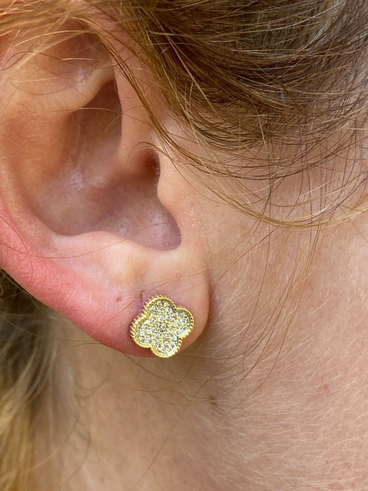 HarlemBling 14k Gold Over Real Solid 925 Sterling Silver Earrings Clover Flower Cross Studs