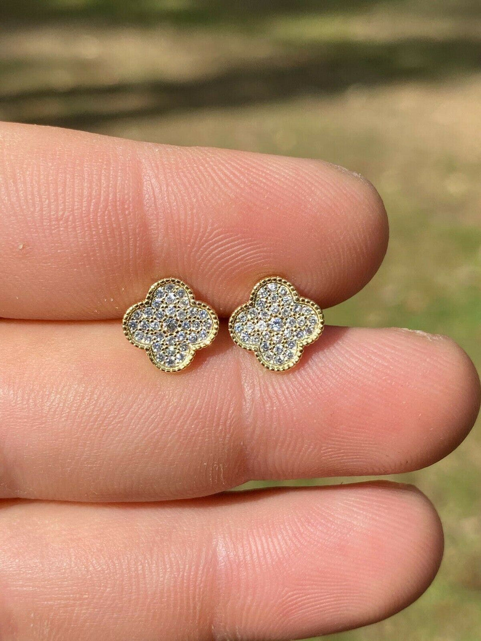 HarlemBling 14k Gold Over Real Solid 925 Sterling Silver Earrings Clover Flower Cross Studs