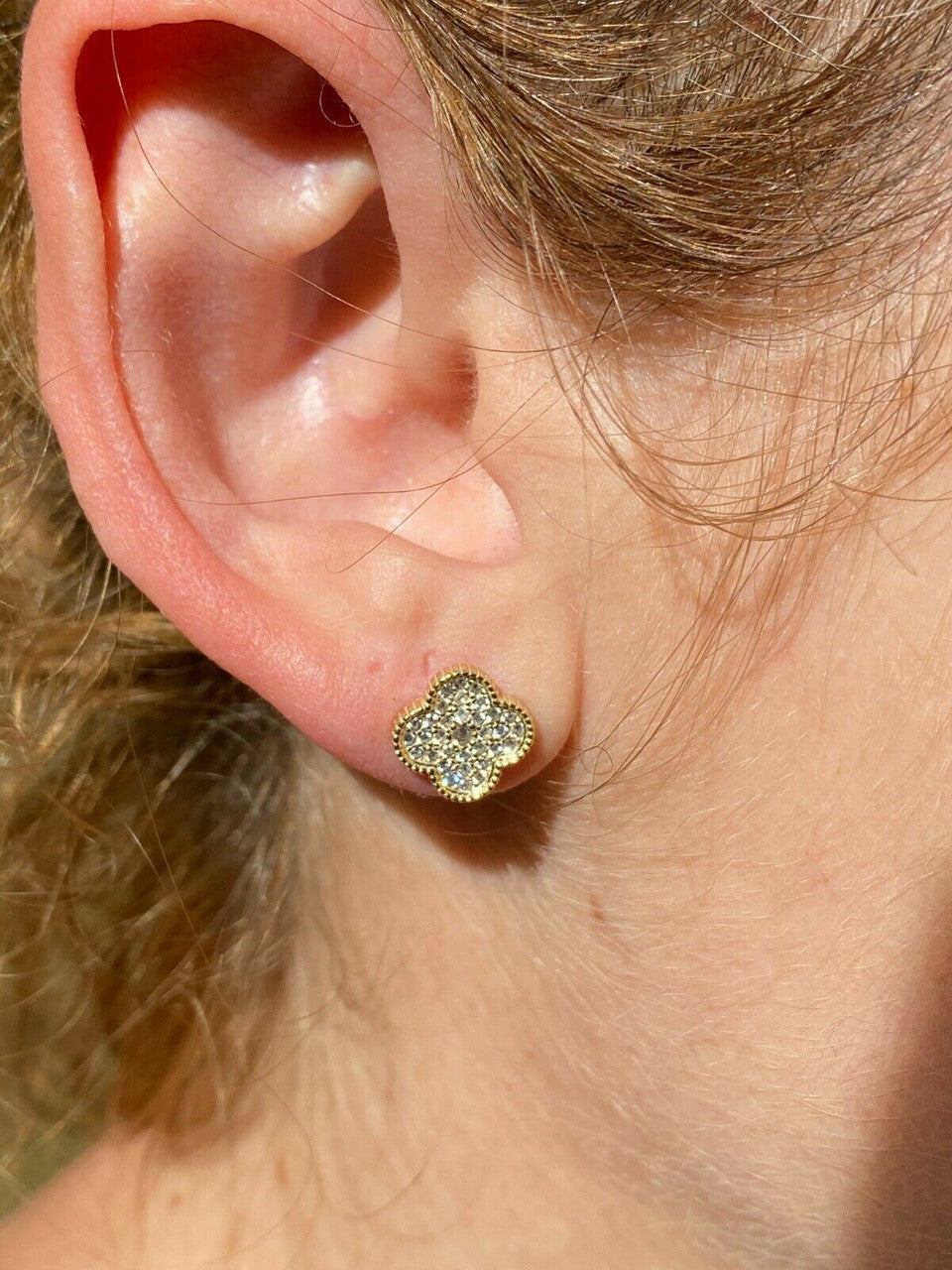 HarlemBling 14k Gold Over Real Solid 925 Sterling Silver Earrings Clover Flower Cross Studs