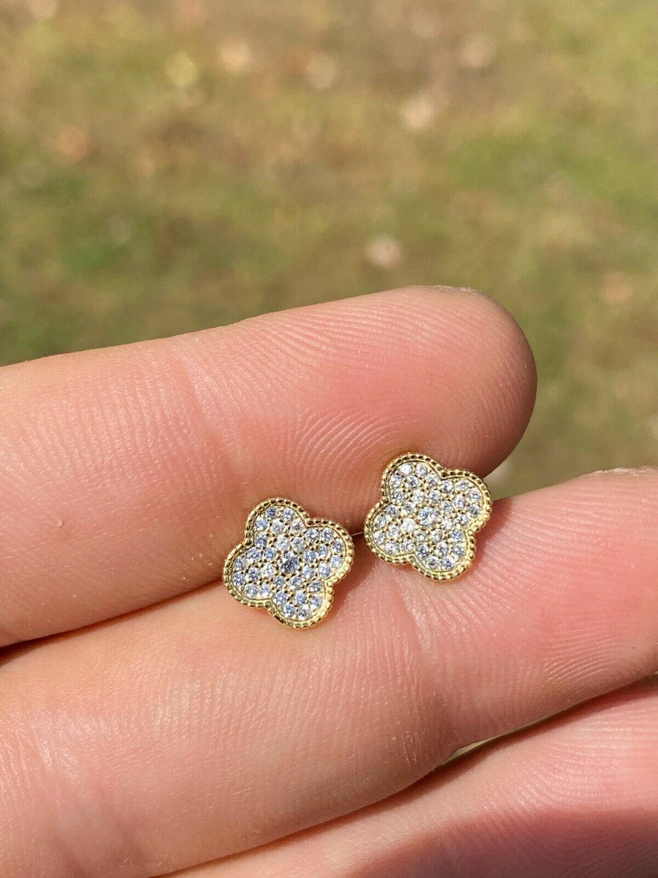 HarlemBling 14k Gold Over Real Solid 925 Sterling Silver Earrings Clover Flower Cross Studs