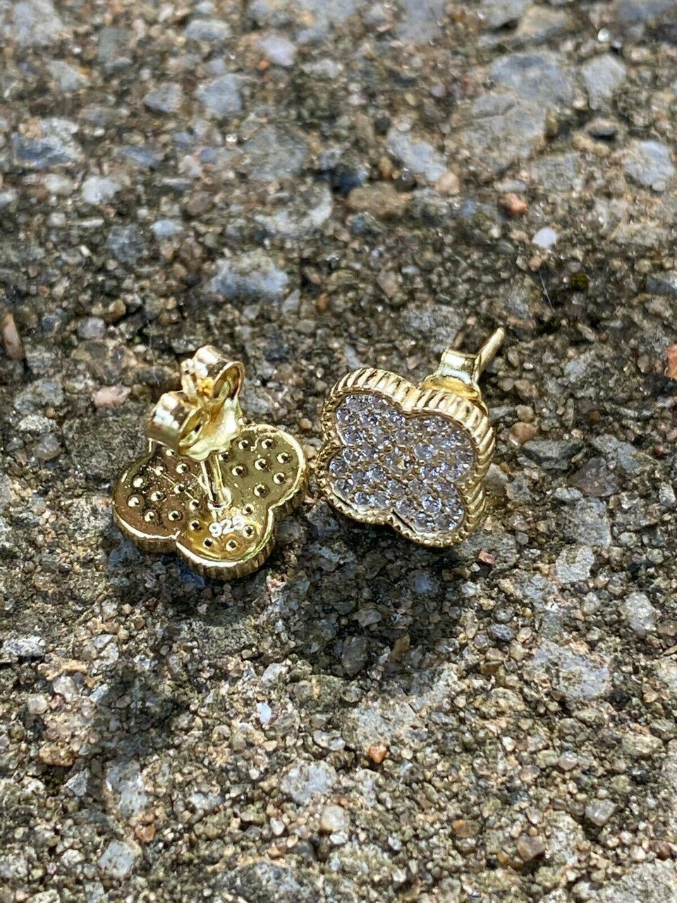 HarlemBling 14k Gold Over Real Solid 925 Sterling Silver Earrings Clover Flower Cross Studs