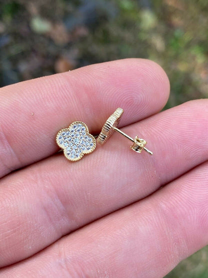 HarlemBling 14k Gold Over Real Solid 925 Sterling Silver Earrings Clover Flower Cross Studs