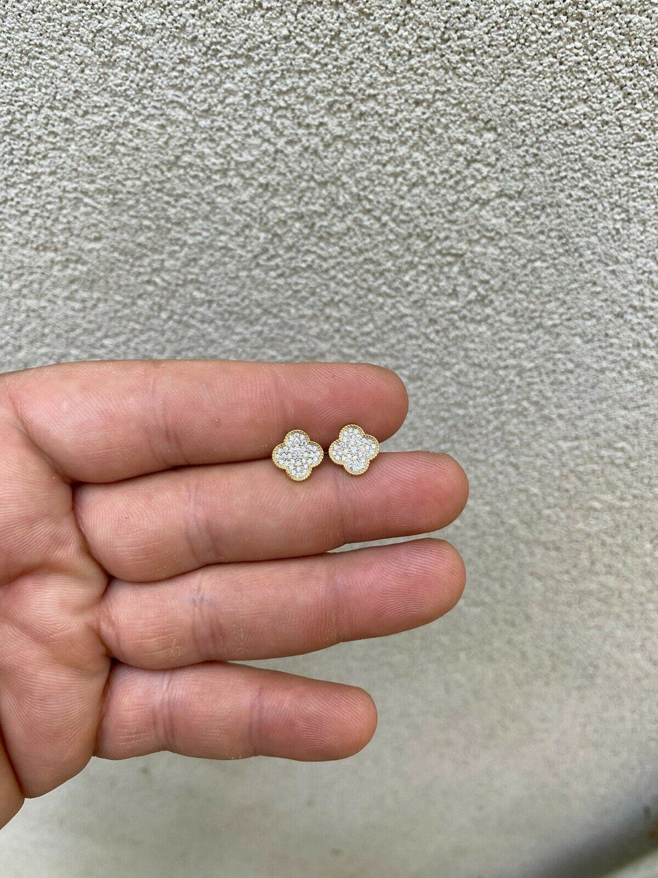 HarlemBling 14k Gold Over Real Solid 925 Sterling Silver Earrings Clover Flower Cross Studs