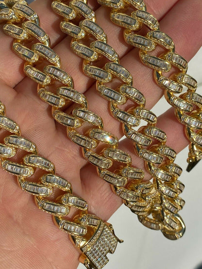 HarlemBling 14k Gold Over Solid 925 Silver 12mm Baguette Diamond Miami Cuban Link Chain Mens